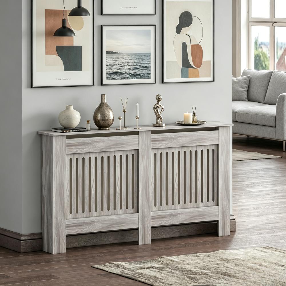 Grey Modern Radiator Cover, MDF Vertical Slat Design with Wooden Top Shelf, Stylish Cabinet for Living Room, Bedroom, and Hallway [Plus A Free Gift]