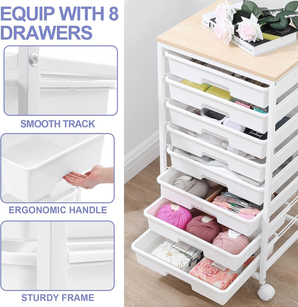 Multipurpose 8 Drawer Rolling Storage Trolley, Mobile Plastic Drawer Organizer Cart with Lockable Wheels, Versatile Utility Storage Unit for Home, Bedroom, Classroom and Beauty Salon