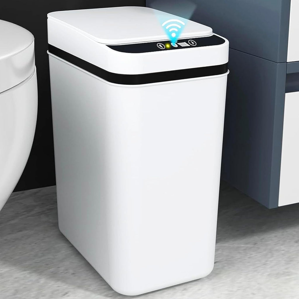 Smart Touchless Bathroom Trash Can 12L Automatic Motion Sensor Rubbish Can with Lid Electric Waterproof Narrow Small Garbage Bin for Kitchen, Office, Toilet, Bedroom with 50pcs Trash bags