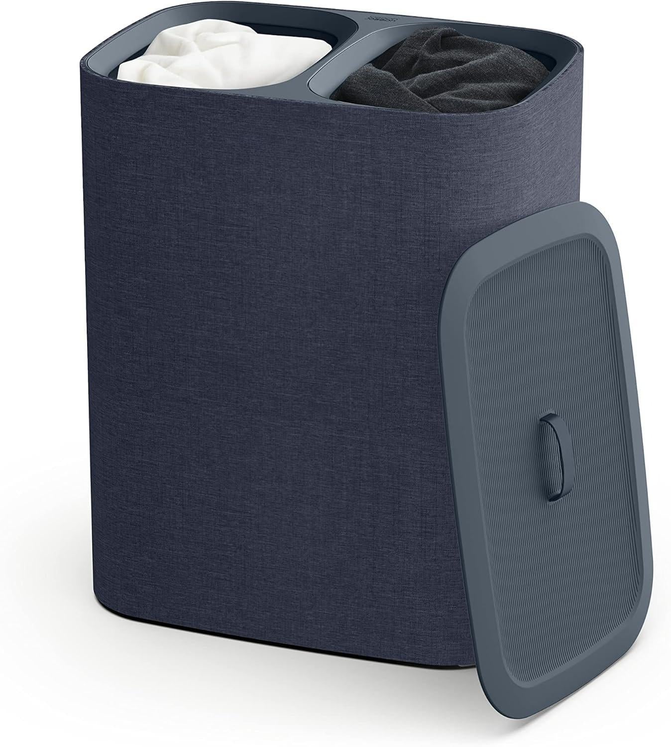 Dual Compartment Laundry Hamper with Lid, 2 Removable Washing Bags with Handles, Large Capacity Laundry Separation Basket for Dirty Clothes