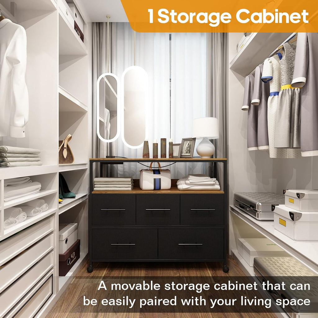 Chest of Drawers with Charging Station, Bedroom Dresser with 5 Fabric Drawers, TV Stand with Storage Shelf, 4 Castors and Metal Frame (Black)