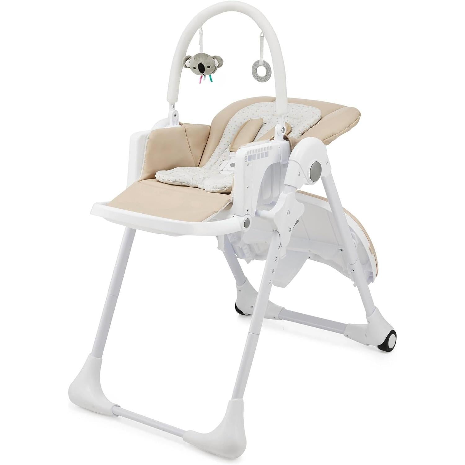 2-in-1 Baby High Chair & Bouncer from Birth, Fold-Flat Convertible Highchair with 7 Height Levels, 4 Recline Positions, Newborn Insert, 3-Position Adjustable Tray, 5-Point Safety Harness, Lockable Wheels & Detachable Toy Bar for Infant Toddler Feeding Pla