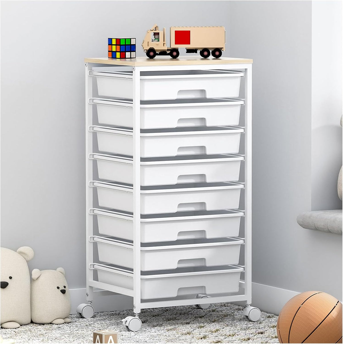 Multipurpose 8 Drawer Rolling Storage Trolley, Mobile Plastic Drawer Organizer Cart with Lockable Wheels, Versatile Utility Storage Unit for Home, Bedroom, Classroom and Beauty Salon