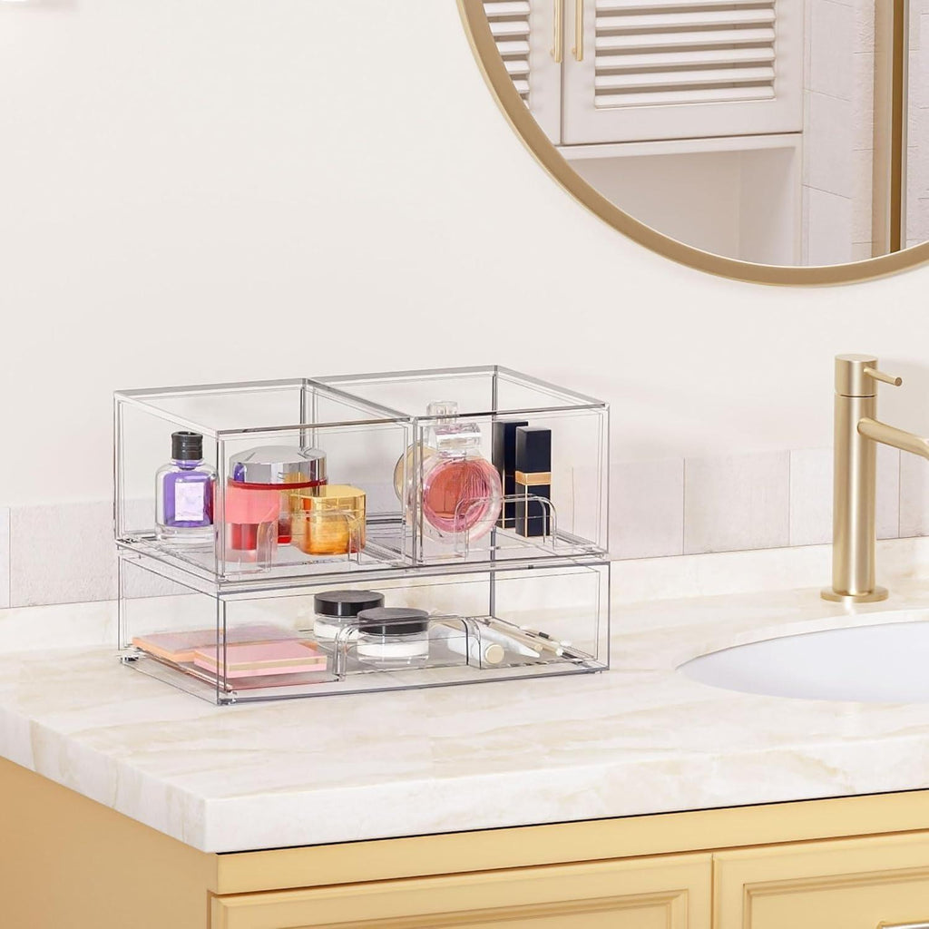 3 Pack Stackable Storage Drawers, Organiser with 24 Non-slip Mat, Bathroom Organiser Storage for Dresser, Bathroom