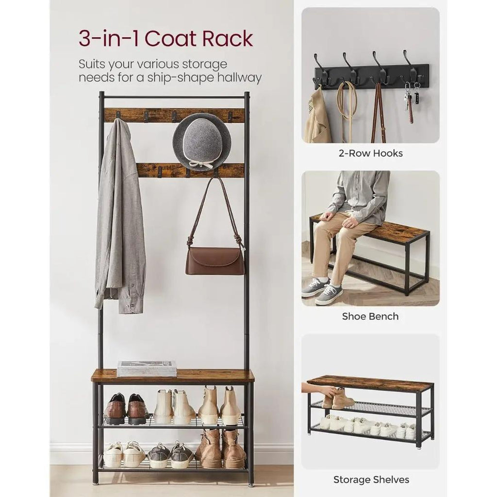 Industrial Style Hall Tree Coat Rack, Entryway Clothes Stand with Bench, Shoe Shelves & 9 Hooks, Metal Frame Shoe Bench Organizer for Hallway Cloakroom Home Storage