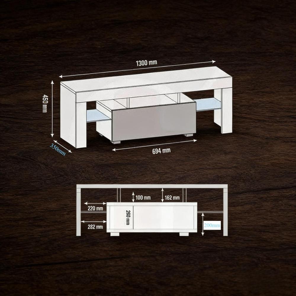130cm Modern High Gloss TV Stand with LED Light & Glass Shelves Storage Cabinet [Plus A Free Gift]