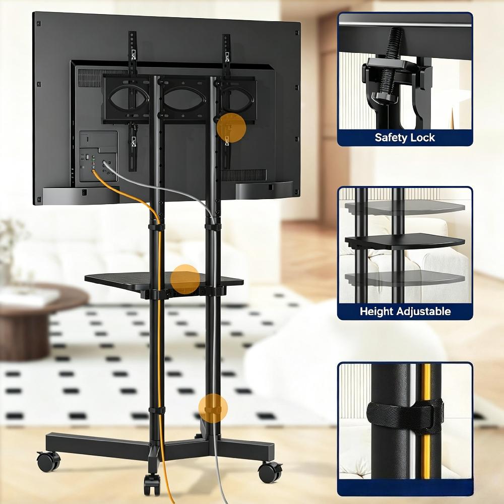 Mobile TV Stand with Wheels for 32-75 Inch Flat Screen TVs, Height-Adjustable Corner Floor Stand with Storage Shelf, Max VESA 400x400mm, Supports up to 40kg, Black [Plus A Free Gift]