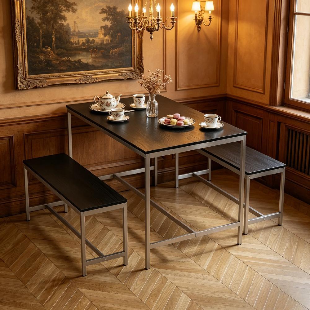 Industrial 4 Seater Dining Set with Bench – Space-Saving 3 Piece Table & Bench for Modern Kitchen [Plus A Free Gift]