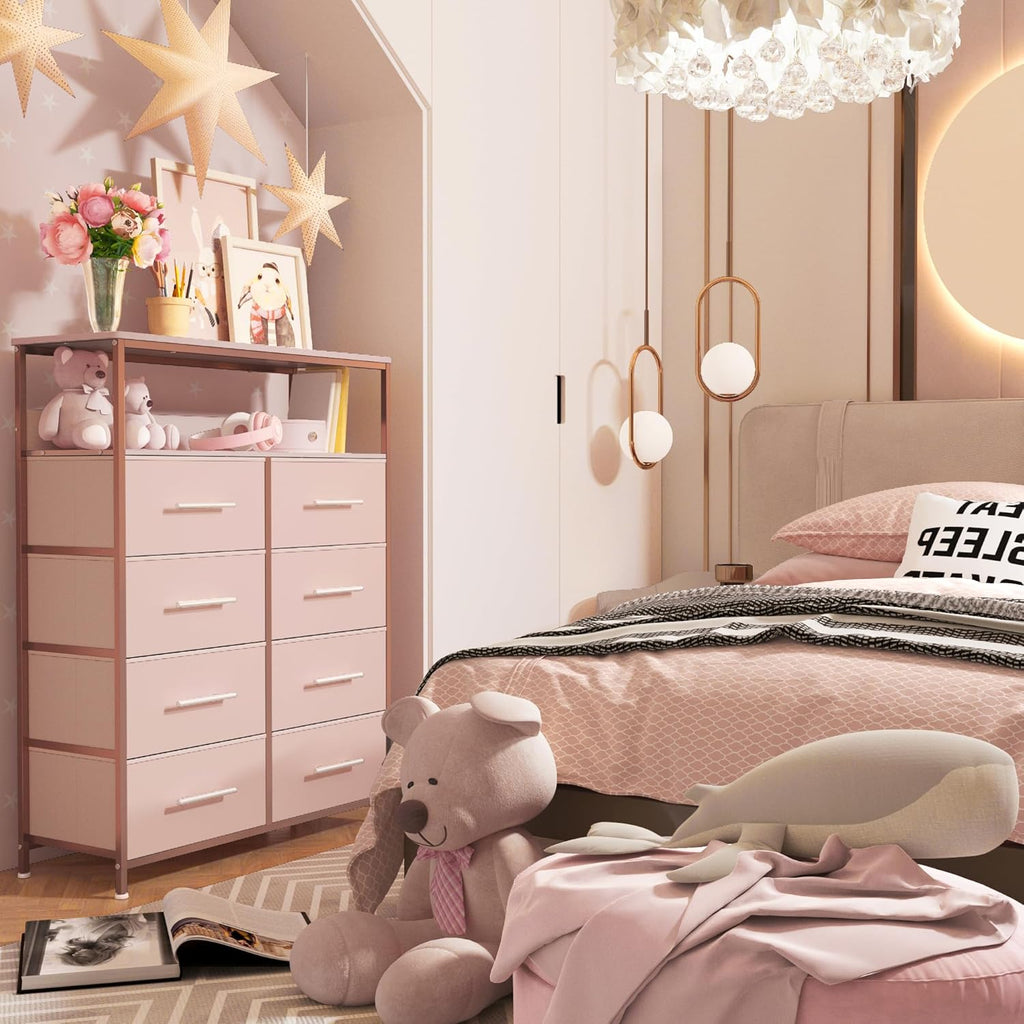 【NS】Dresser for Bedroom with 8 Fabric Drawers, Chest of Drawers, Tall Storage Organizer Unit with 2-Layer Shelves, TV Stand with Wooden Top and Sturdy Metal Frame (Black)