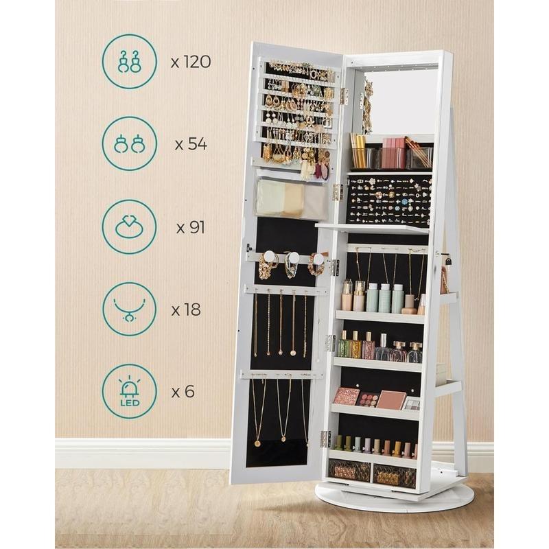 LED Full-Length Mirror Jewelry Cabinet, 360° Rotating Storage, Lockable Display Cabinet, Frameless Floor Standing Mirror, Rotatable Organizer with Shelves [Plus A Free Gift]