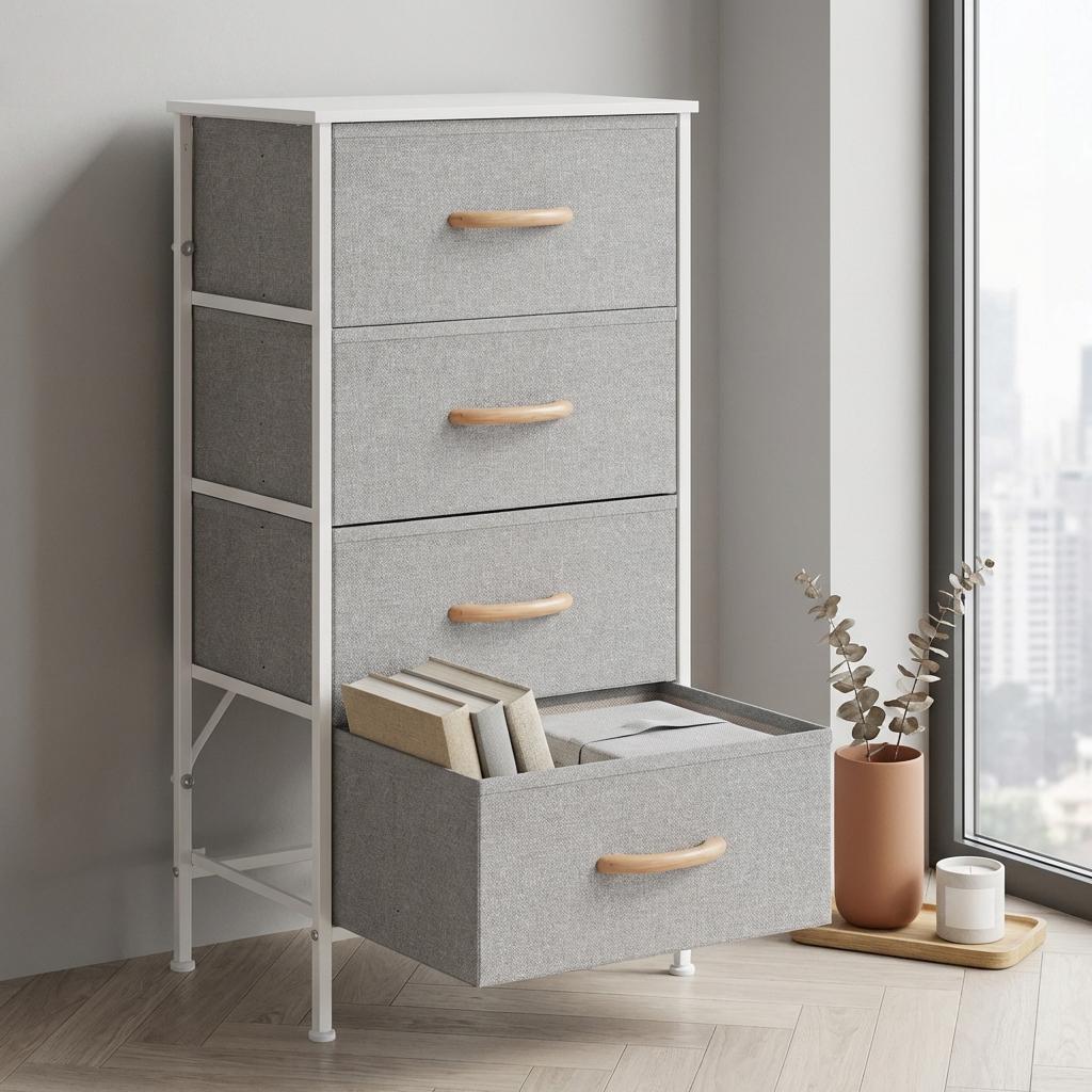 4-Drawer Dresser, Tall Fabric Storage Tower with Sturdy Metal Frame & Wooden Top, Modern Chest of Drawers Organizer Unit for Bedroom, Living Room, Closet, Hallway - Light