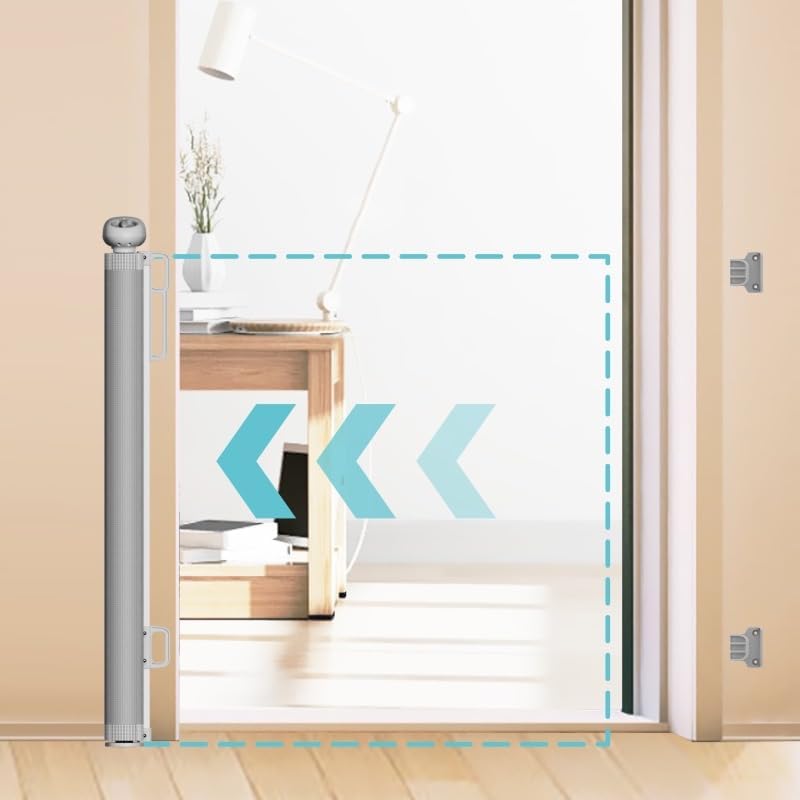 Retractable Baby Gate 87cm x 130 cm Stair Safety Gate Roll for Babies and Pets, dogs, Extendable Barrier Gates (Grey)