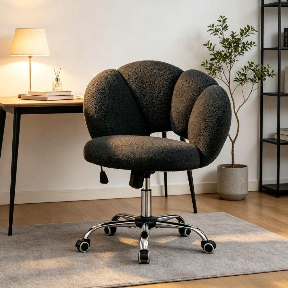 White Boucle Cloud-Shaped Desk Chair | Swivel Makeup Vanity Stool with Wheels & Adjustable Height | Soft Upholstered Home Office Accent Chair for Bedroom Living Room [Plus A Free Gift]