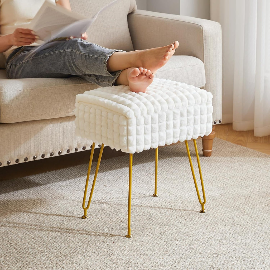 White Rectangular Vanity Chair with Storage – Ottoman Footrest Stool with Anti-Slip Feet & Square Grid Design, Perfect for Bedroom and Makeup Room