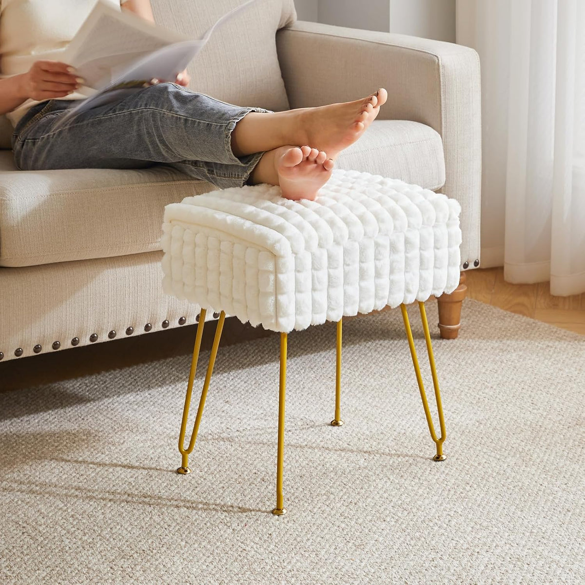 White Rectangular Vanity Chair with Storage – Ottoman Footrest Stool with Anti-Slip Feet & Square Grid Design, Perfect for Bedroom and Makeup Room