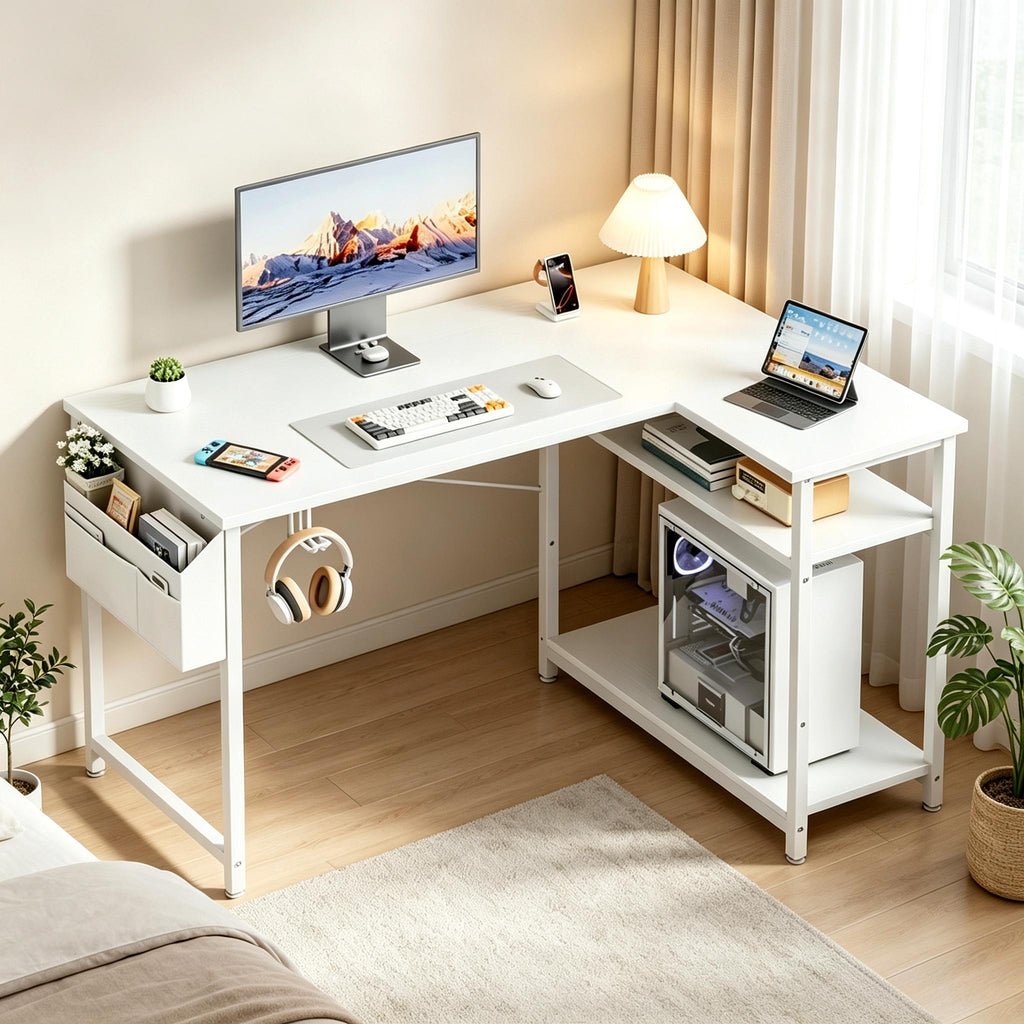 Small L‑Shaped Corner Gaming Desk, Reversible Storage Shelves Computer Desk with Storage Bag & Headphone Hook, Home Office Workstation for Study Writing Gaming