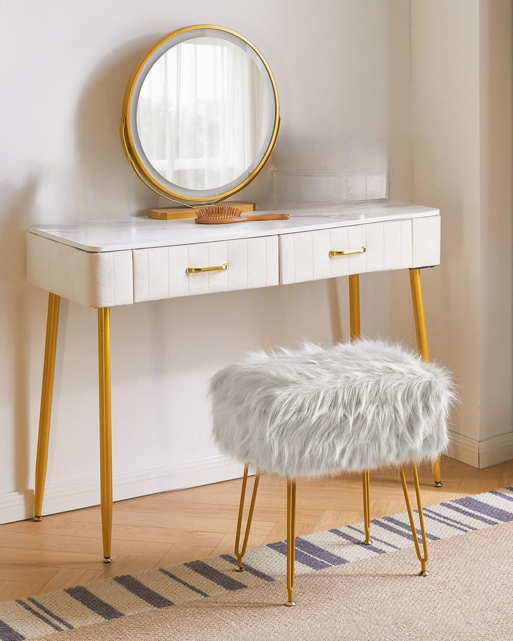 Rectangular Faux Fur Vanity Stool with Storage, Furry Makeup Chair Ottoman, Soft Padded Seat, Round Footrest Footstools with 4 Metal Legs, for Living Room Bedroom Entryway,