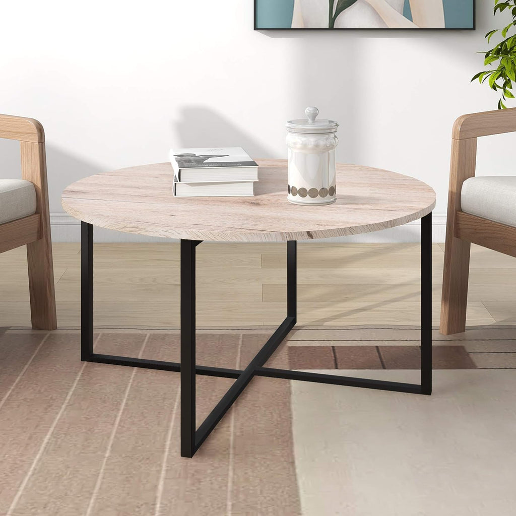 Round Coffee Table for Living Room - Modern Black & White Tea Table with Sturdy Metal Legs, Compact Design