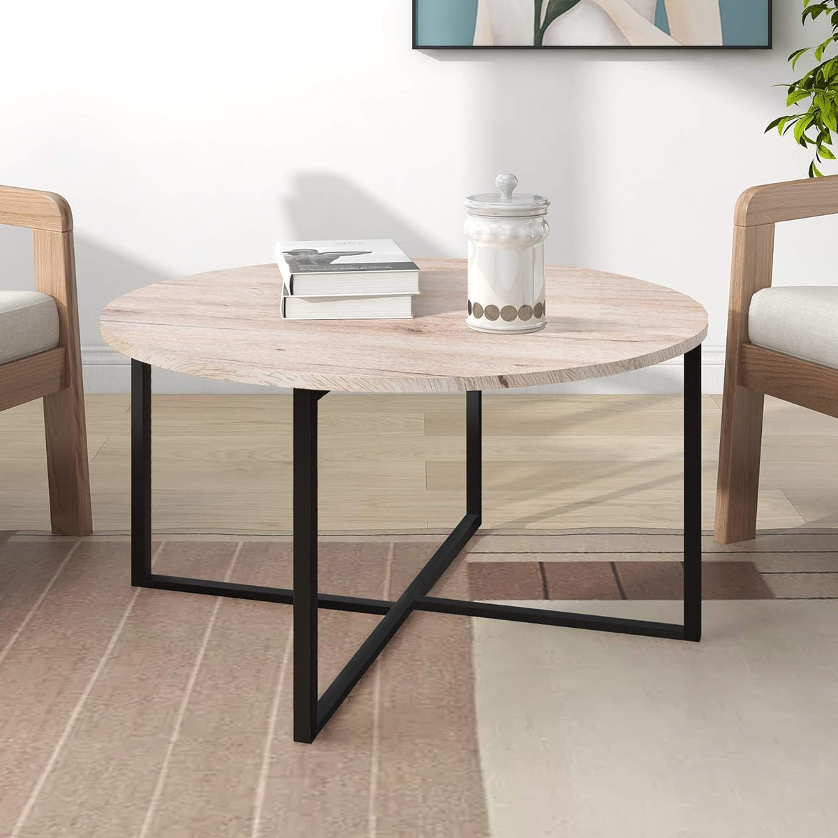 Round Coffee Table for Living Room - Modern Black & White Tea Table with Sturdy Metal Legs, Compact Design