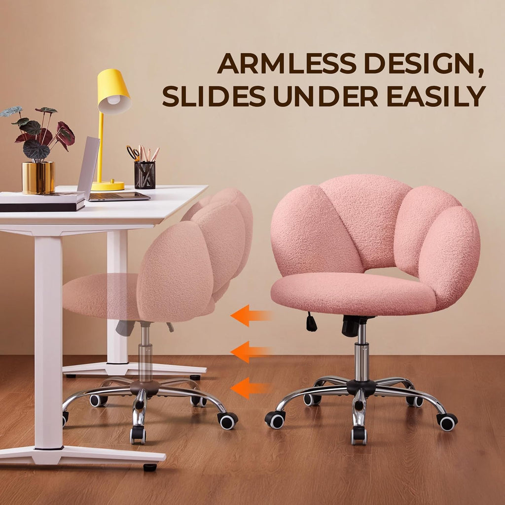 Cloud Shaped Teddy Boucle Vanity Chair, Armless Swivel Makeup Desk Chair with Adjustable Height & Rolling Wheels, Upholstered Accent Chair for Bedroom Dorm, Home Office & Living Room