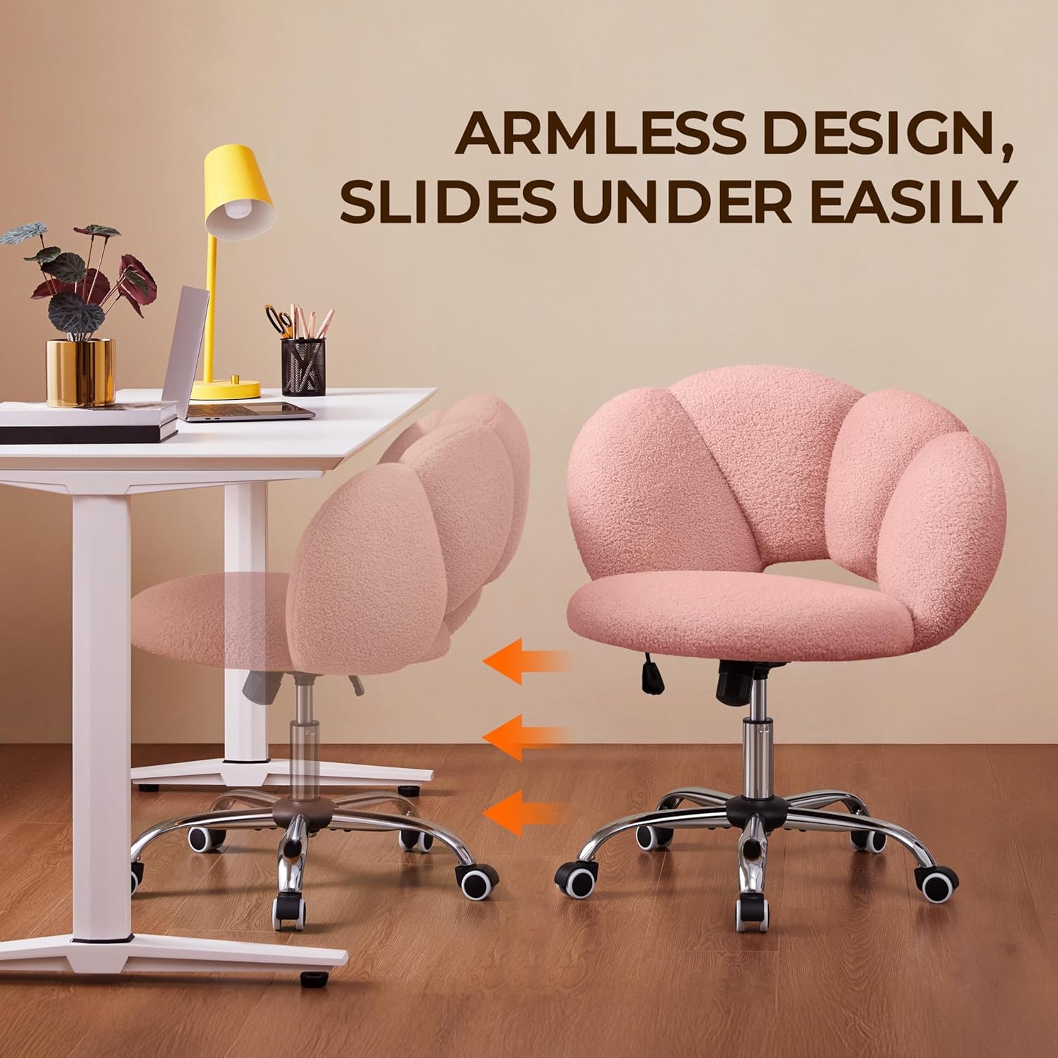 Cloud Shaped Teddy Boucle Vanity Chair, Armless Swivel Makeup Desk Chair with Adjustable Height & Rolling Wheels, Upholstered Accent Chair for Bedroom Dorm, Home Office & Living Room