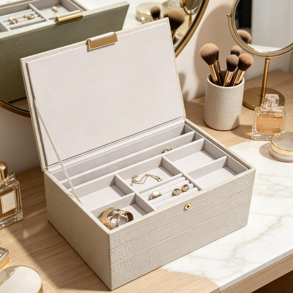 Classic Medium Jewelry Box, Portable Travel Jewelry Organizer Case with Removable Compartments, Jewellery Storage Box for Rings Earrings Necklaces Bracelets, Ideal Gift for Women Girls Home Dresser Decor
