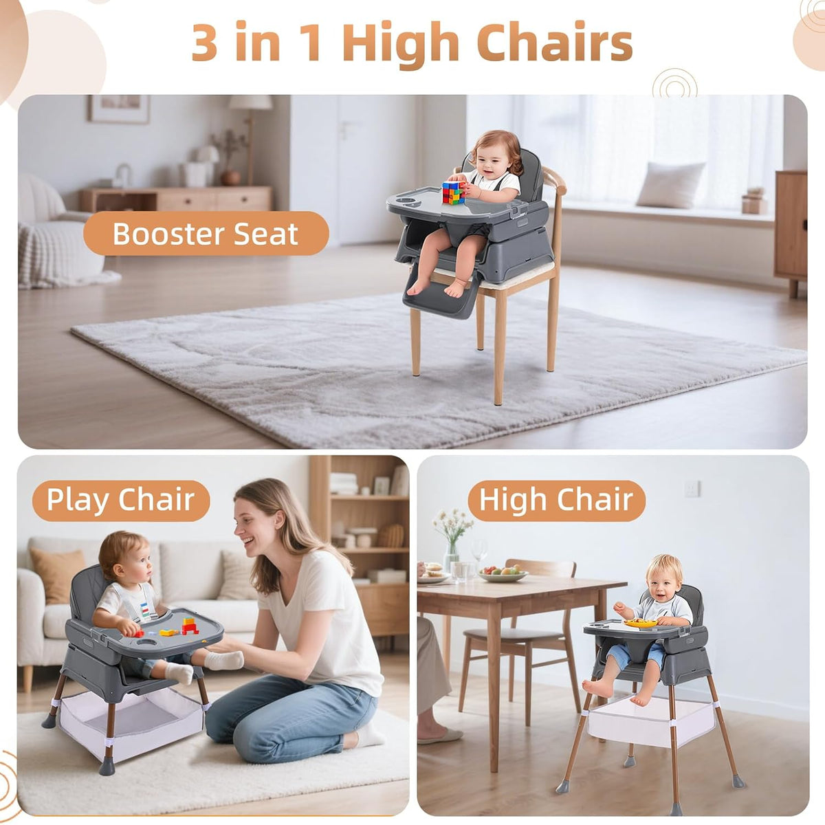 Adjustable Folding Baby Dining Chair - 3-in-1 Convertible High Chair & Booster Seat, Portable Compact Feeding Chair for Travel, 6 Months to 3 Years (Pink) [Plus A Free Gift]