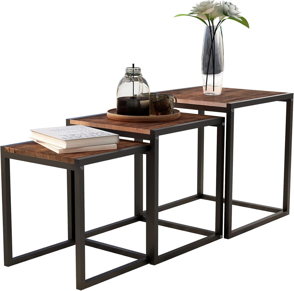 Nesting Coffee Table - Industrial Square End Tables with Metal Frame for Living Room, Bedroom & Office, Brown