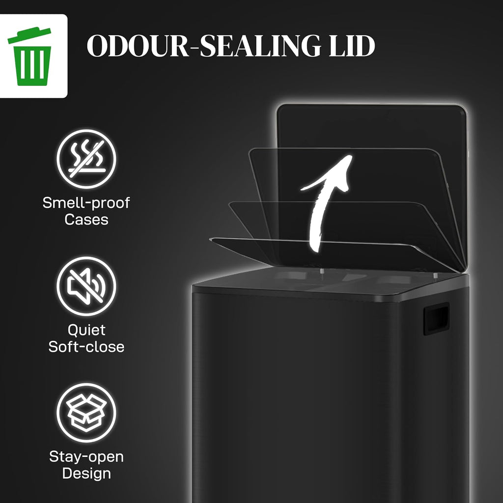 Dual Kitchen Recycling Bin, Stainless Steel Double Pedal Trash Bin with Soft‑Close Lid, Removable Inner Buckets with Handles, 2‑Compartment Sorting Waste Bin for Kitchen, Home, Apartment & Office Use