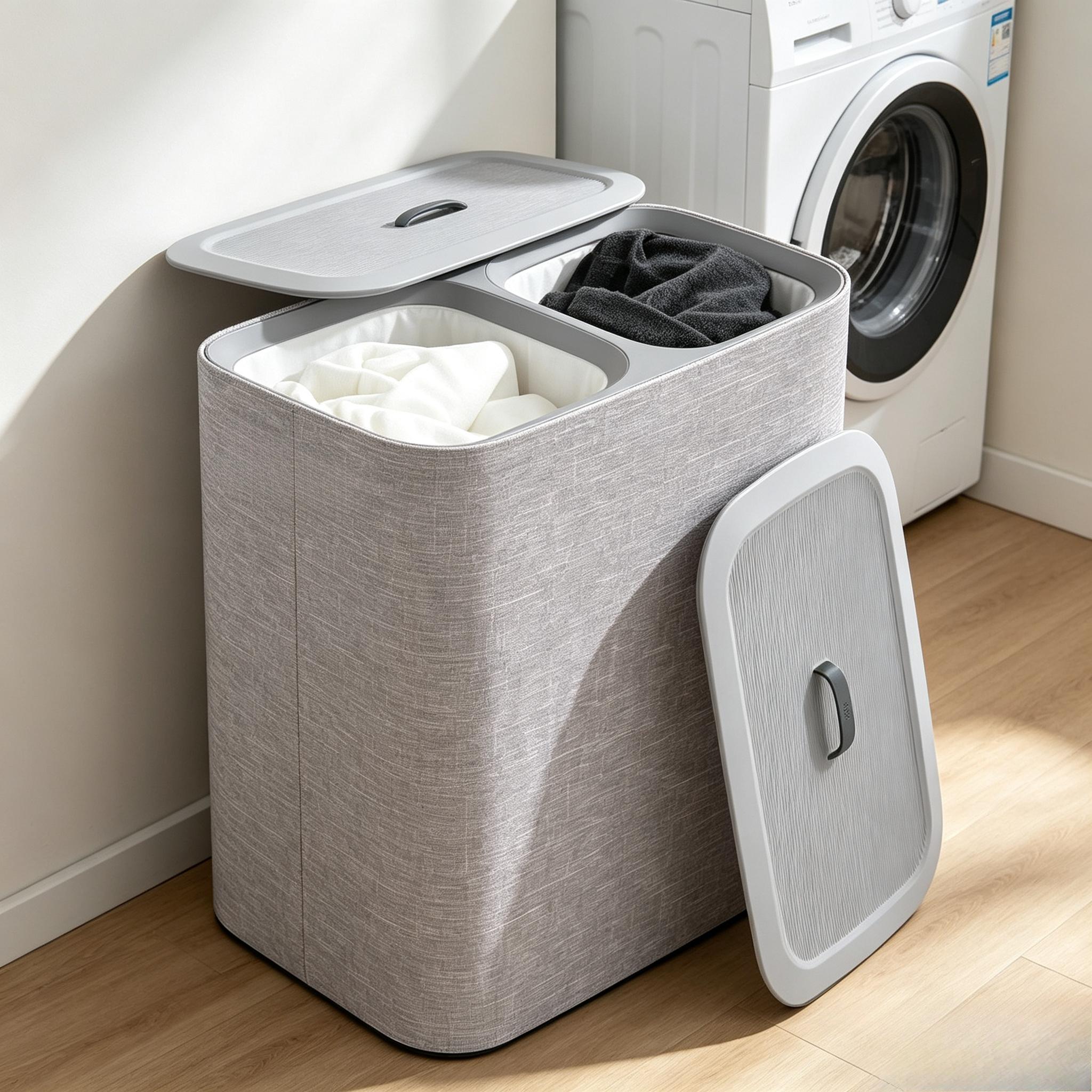 Dual Compartment Laundry Hamper with Lid, 2 Removable Washing Bags with Handles, Large Capacity Laundry Separation Basket for Dirty Clothes