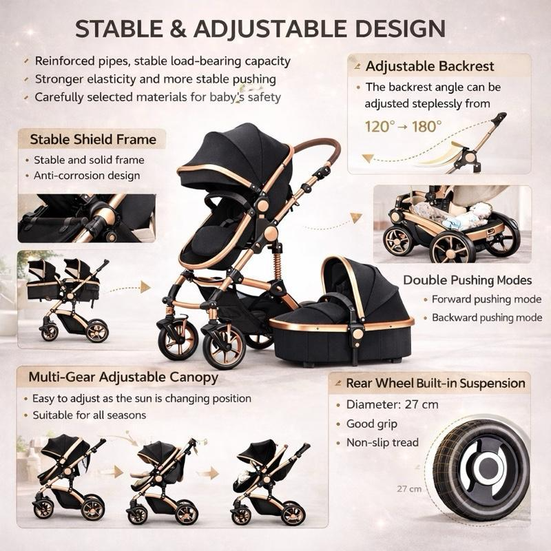 Baby Buggy, Baby Pram, Pushchair, 3 in 1 Travel System, Foldable Stroller, Lightweight Folding All in One Stroller, Portable Baby Carriage for Newborns and Toddlers, Aluminium Frame, Black - Rose Gold