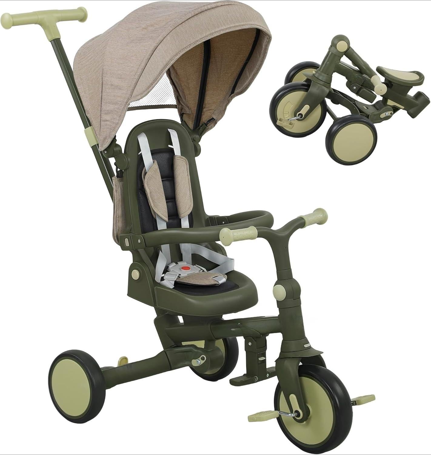 5‑in‑1 Grow‑With‑Kid Foldable Toddler Tricycle Stroller, Convertible Kids Ride‑On Trike with 5‑Point Safety Harness, Adjustable Push Handle & UV Protection Canopy, Compact Outdoor Toy for Family Outings, Ages 1‑3 Years Old