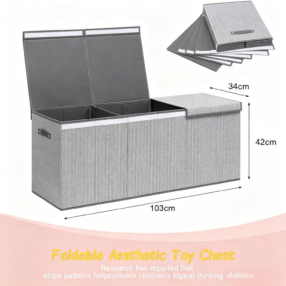 147L Large Foldable Toy Storage Box for Kids, Flip-Top Lid Organiser Chest for Clothes and Toys, Grey Storage Container for Bedroom Playroom Kindergarten [Plus A Free Gift]