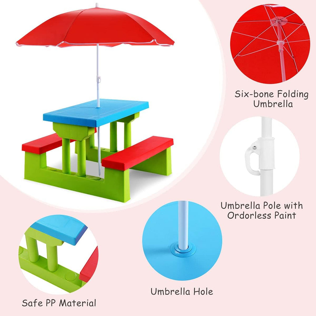 Kids Outdoor Picnic Table with Detachable Adjustable Umbrella, 4-Seater PP Plastic Table & Bench Set, Indoor Backyard Garden Activity Play Furniture for Boys and Girls
