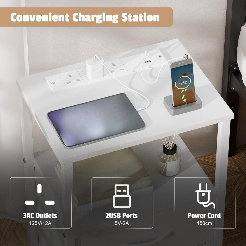 40cm Wide LED Bedside Table with Charging Station | 2 Fabric Drawers Nightstand with USB Ports | Slim End Table for Small Spaces in Bedroom, Living Room [Plus A Free Gift]