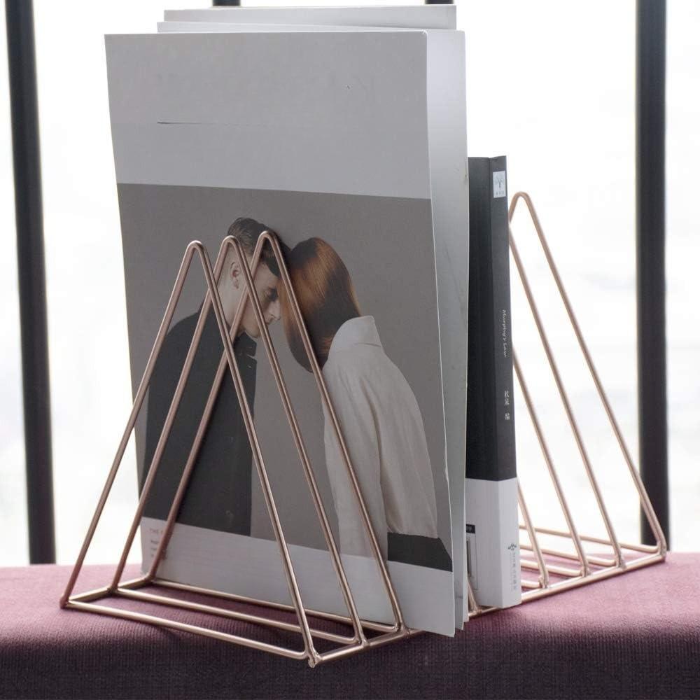 2 Pack Triangle Desktop Magazine File Holder Rack, Sturdy 9 Slot Iron Storage Book Sorter Organizer Bookshelf for Office Home Decoration (Gold)