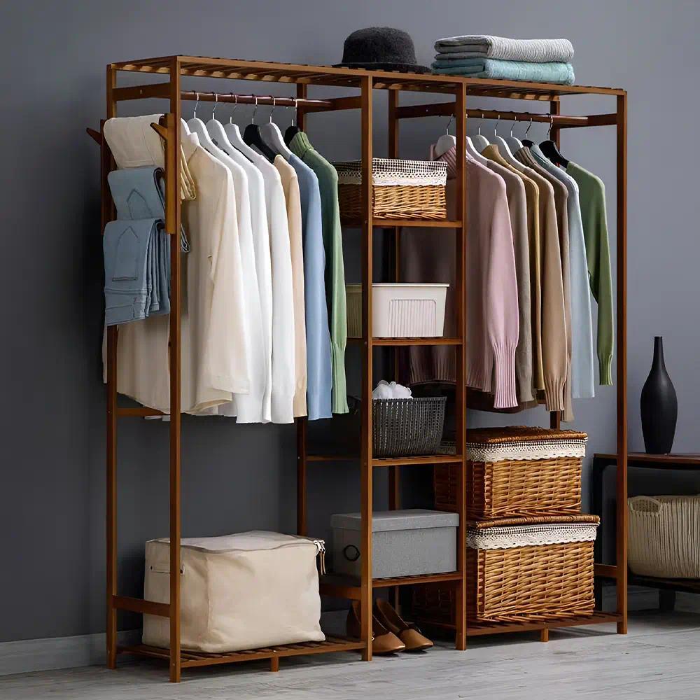 Freestanding Wood Open Garment Rack, Multi‑Storage Clothes Rack with 2 Hanging Rods, Trouser Holder & Multi‑Tier Shelves, Clothing Organizer for Bedroom Entryway Dressing Room