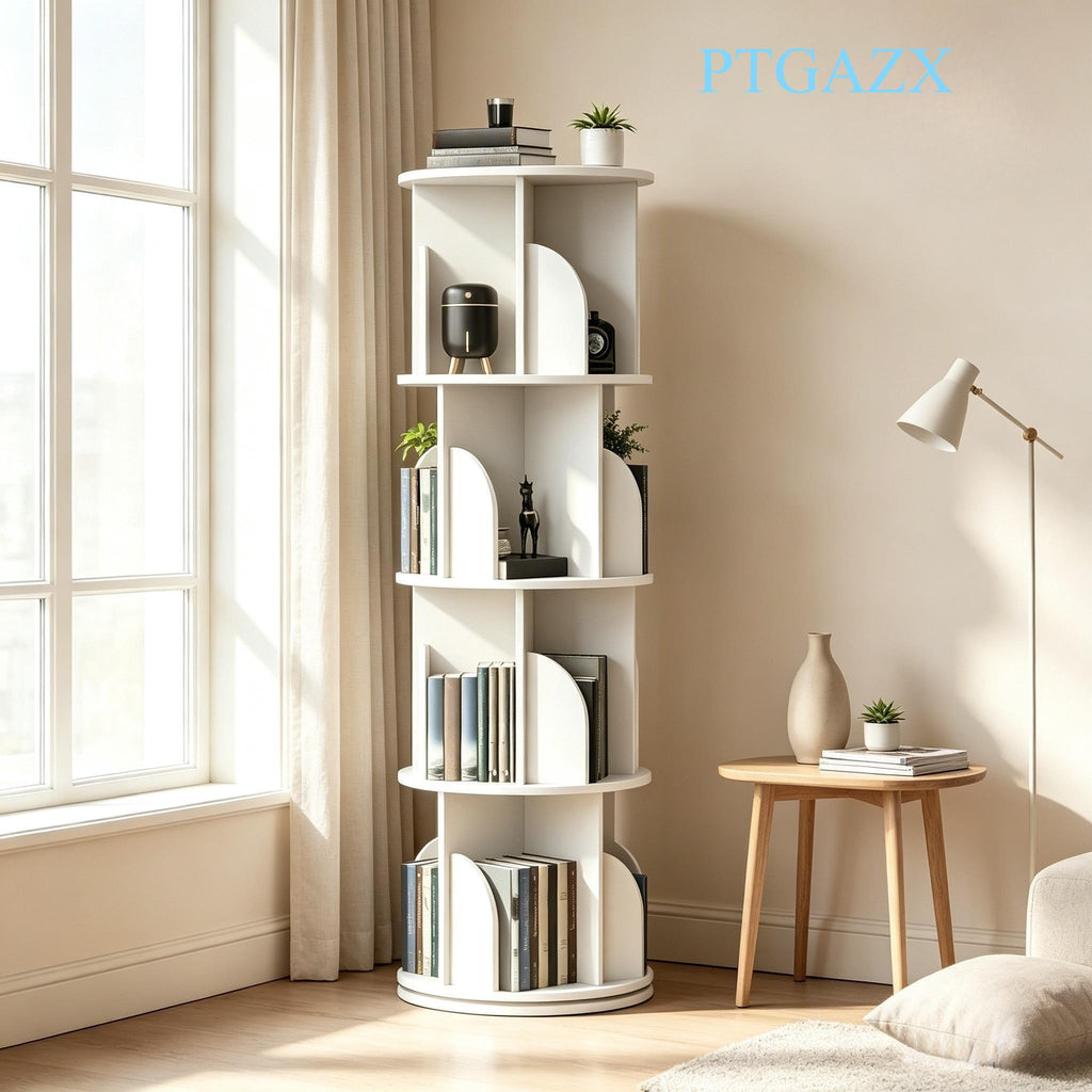 4-Tier 360° Rotating Bookshelf Tower, White Spinning Freestanding Bookcase with Divided Open Storage Compartments, Vertical Rotating Display Shelf Organizer for Bedroom Living Room Study Home Office