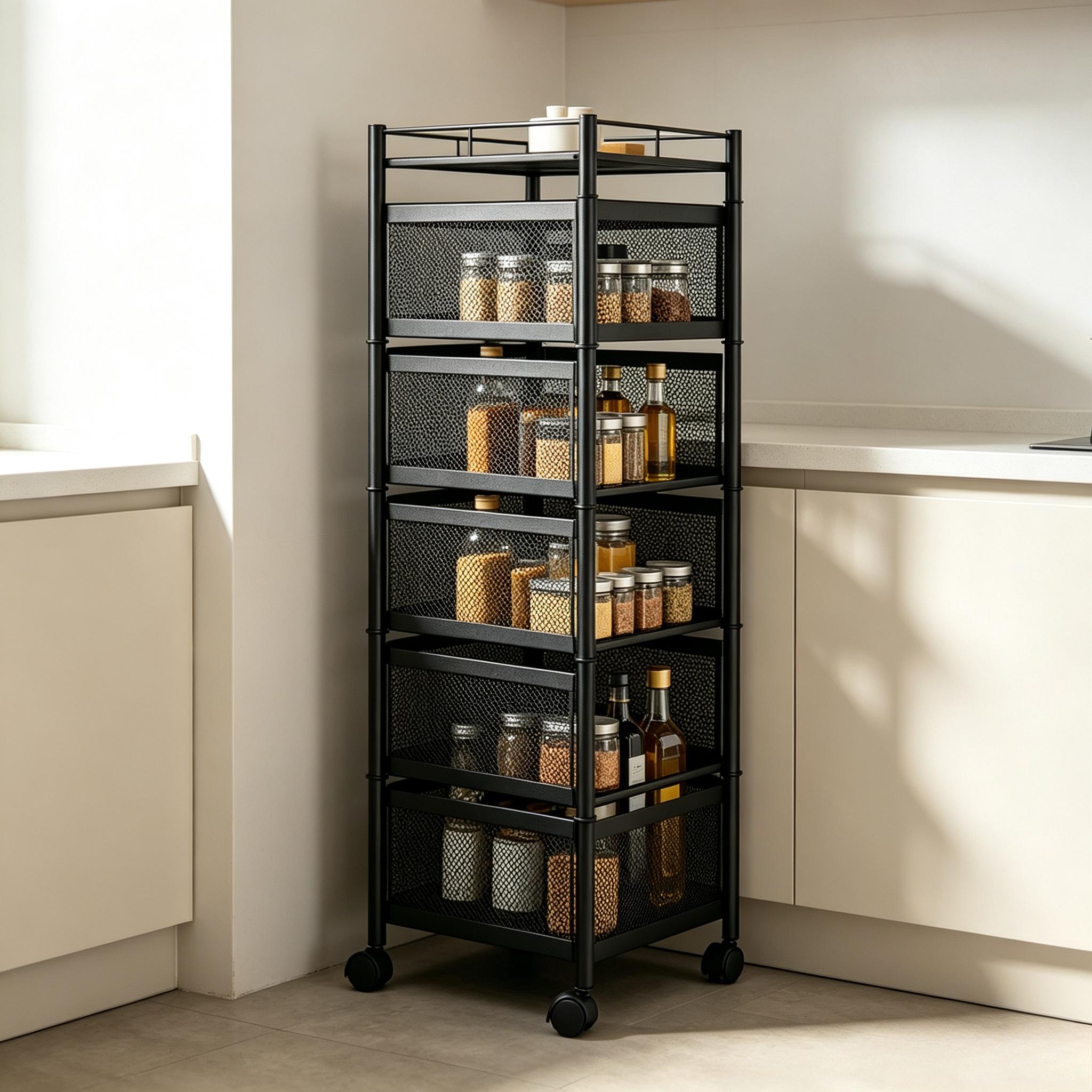 6 Tier Kitchen Rotating Storage Trolley Cart, Metal Mobile Rolling Shelf Rack Organizer with Drawers & Moveable Baskets, Multi‑Purpose Utility Cart for Vegetable Fruit Pantry Kitchen Supplies Home Storage
