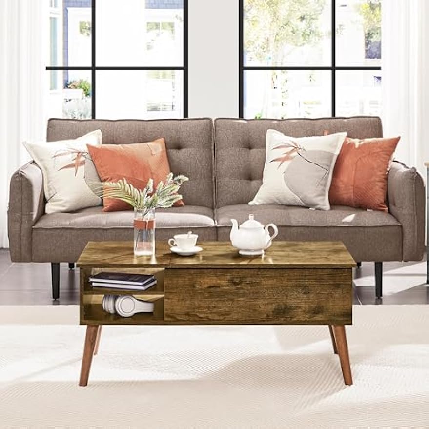 【NS】Lift Top Coffee Table, Industrial Style Coffee Table with Hidden Storage & Adjustable Storage Shelf, Center Table Sofa Table for Living Room, 100x48x45cm, Rustic Brown