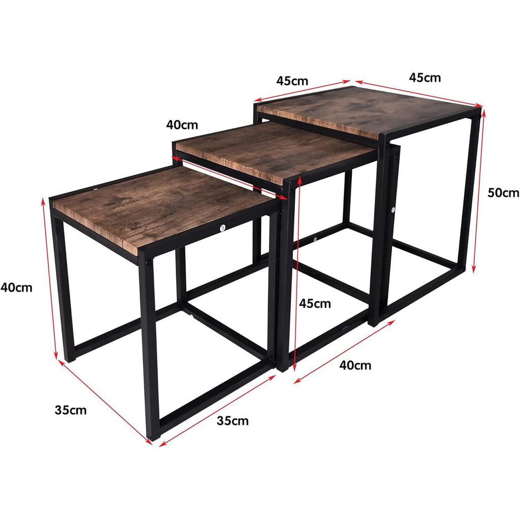 Nesting Coffee Table - Industrial Square End Tables with Metal Frame for Living Room, Bedroom & Office, Brown