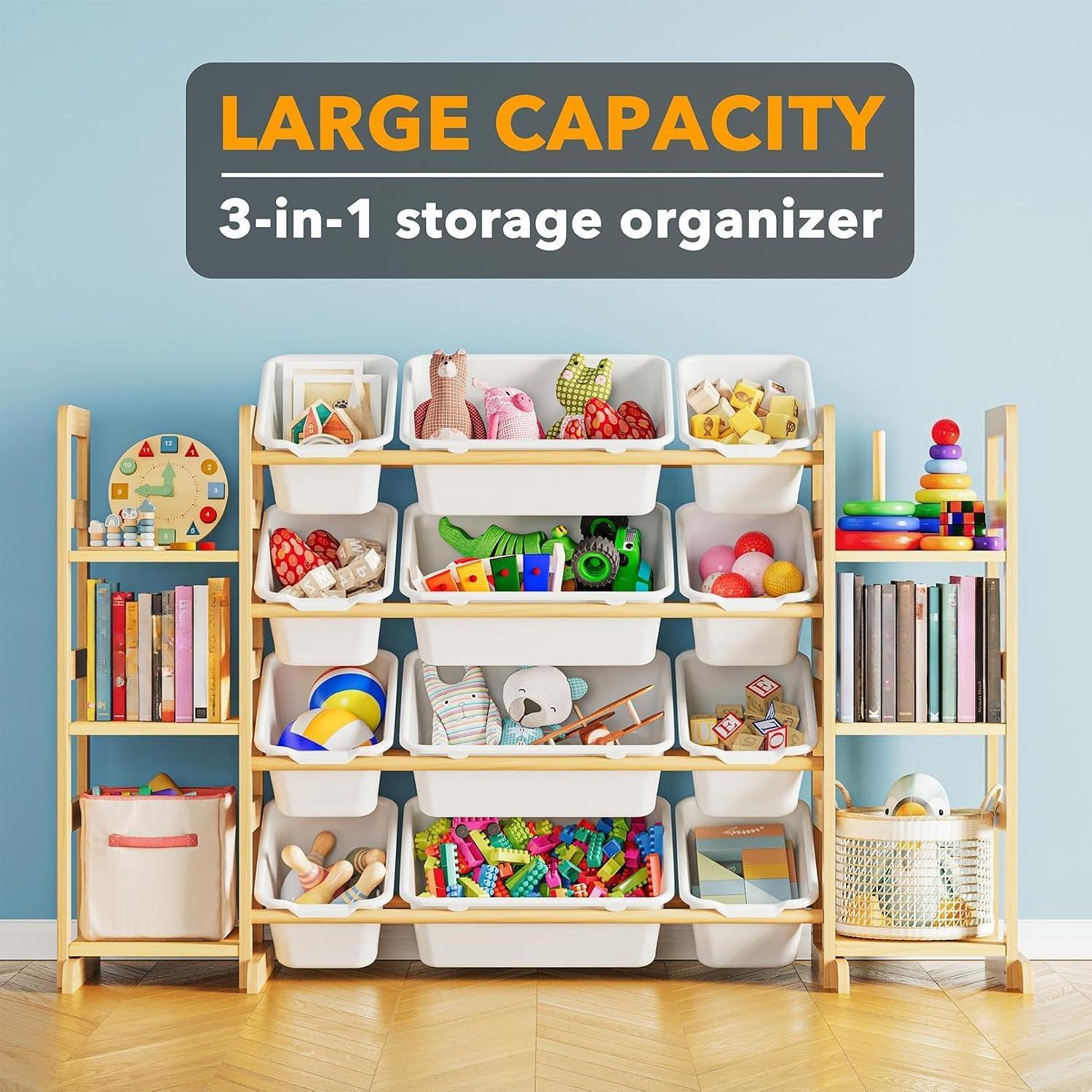 Kids Wooden Toy Storage Organizer, Toy Shelving Unit with 12 Removable Bins & 6 Open Shelves, Multi‑Purpose Children Bookcase Storage Cabinet for Playroom Bedroom Nursery