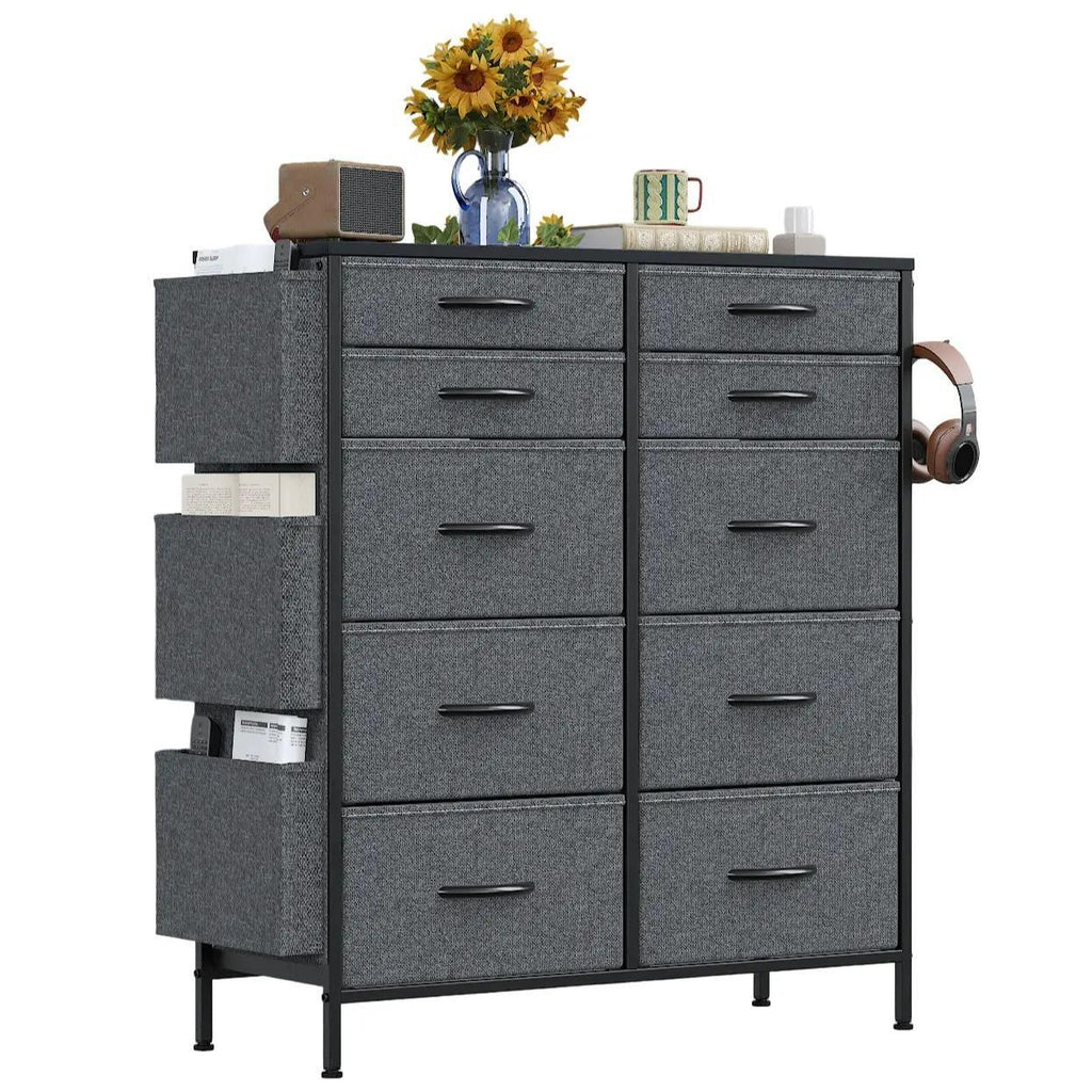 White Tall 10‑Drawer Fabric Dresser with 3 Side Pockets, Chest of Drawers with MDF Wood Top & Metal Frame, Anti‑Tip Storage Organizer for Bedroom Closet Living Room Dorm Office