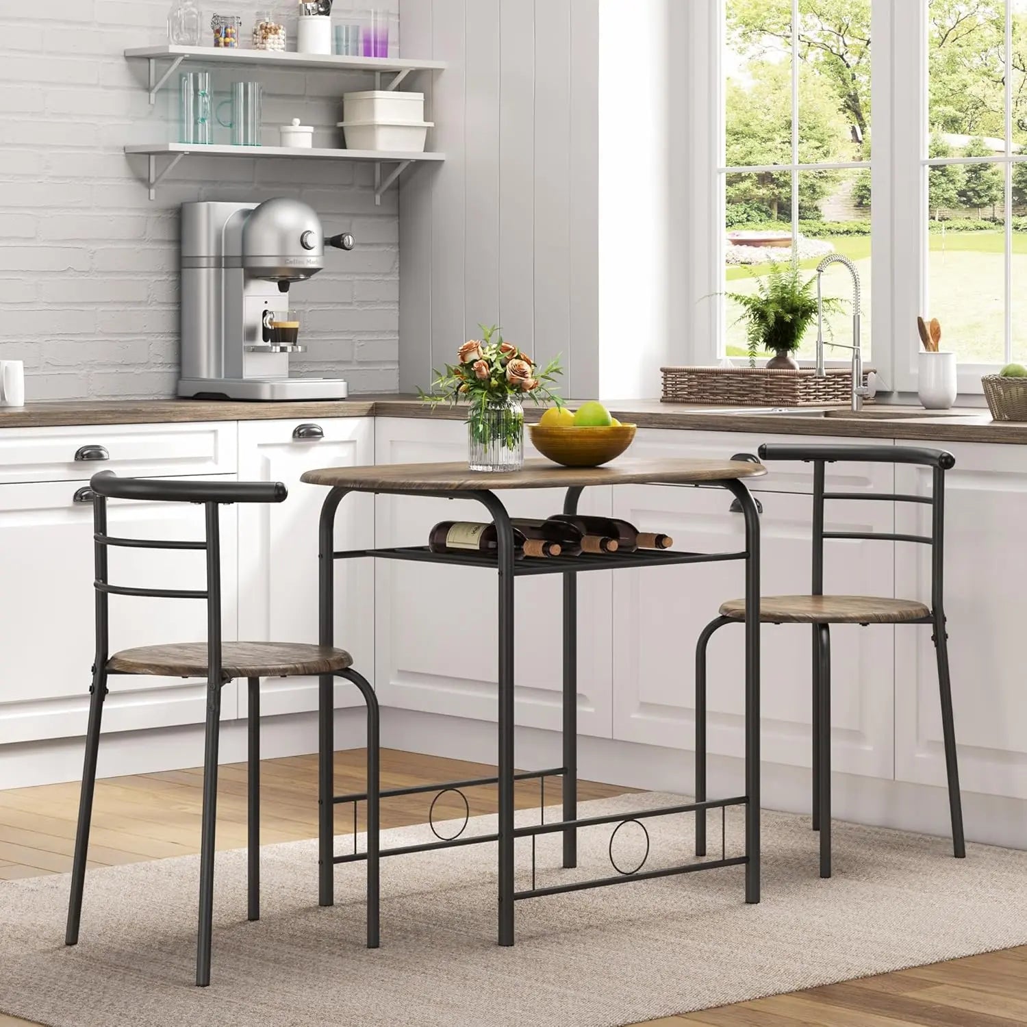3-Piece Round Dining Table Set for 2 – Compact Breakfast Bar with Chairs, Metal Legs, Shelf & Built-in Wine Rack (Drift Brown)
