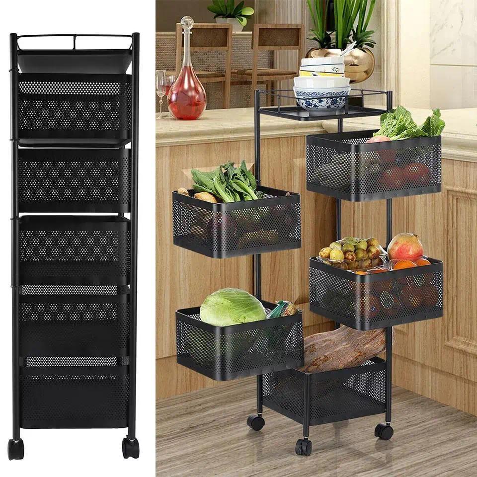 6 Tier Kitchen Rotating Storage Trolley Cart, Metal Mobile Rolling Shelf Rack Organizer with Drawers & Moveable Baskets, Multi‑Purpose Utility Cart for Vegetable Fruit Pantry Kitchen Supplies Home Storage