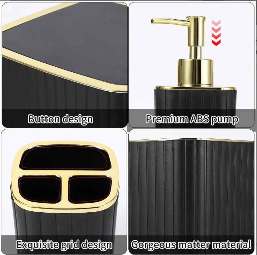 10-Piece Black Gold Bathroom Accessories Set, Complete Bathroom Organizer Kit with Trash Can, Toilet Brush, Toothbrush Holder, Soap Dispenser, Soap Dish, Rinse Cup, Cotton Swab & Cotton Ball Storage Jars for Countertop Decor