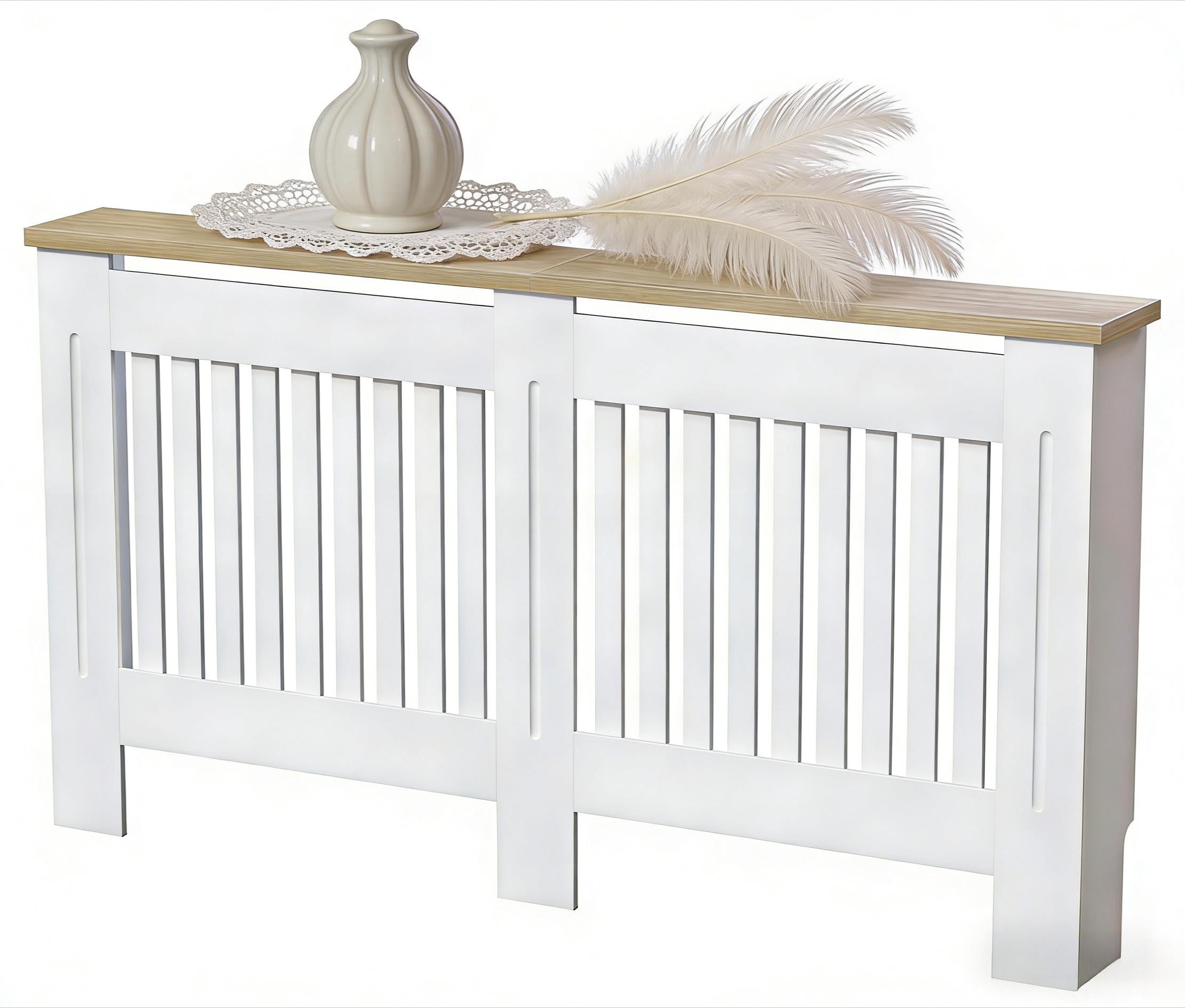 White Modern MDF Radiator Cover with Grill Slats & Wood Top Shelf  [Plus A Free Gift]