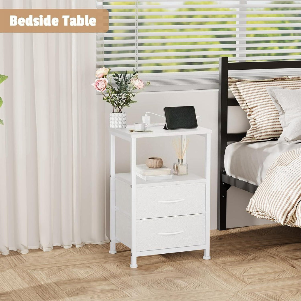 40cm Wide LED Bedside Table with Charging Station | 2 Fabric Drawers Nightstand with USB Ports | Slim End Table for Small Spaces in Bedroom, Living Room [Plus A Free Gift]