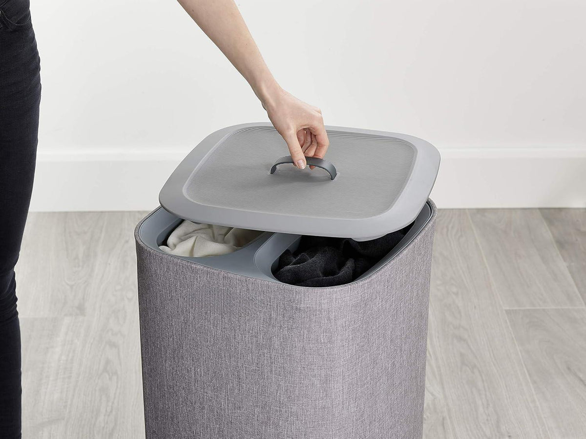 Dual Compartment Laundry Hamper with Lid, 2 Removable Washing Bags with Handles, Large Capacity Laundry Separation Basket for Dirty Clothes