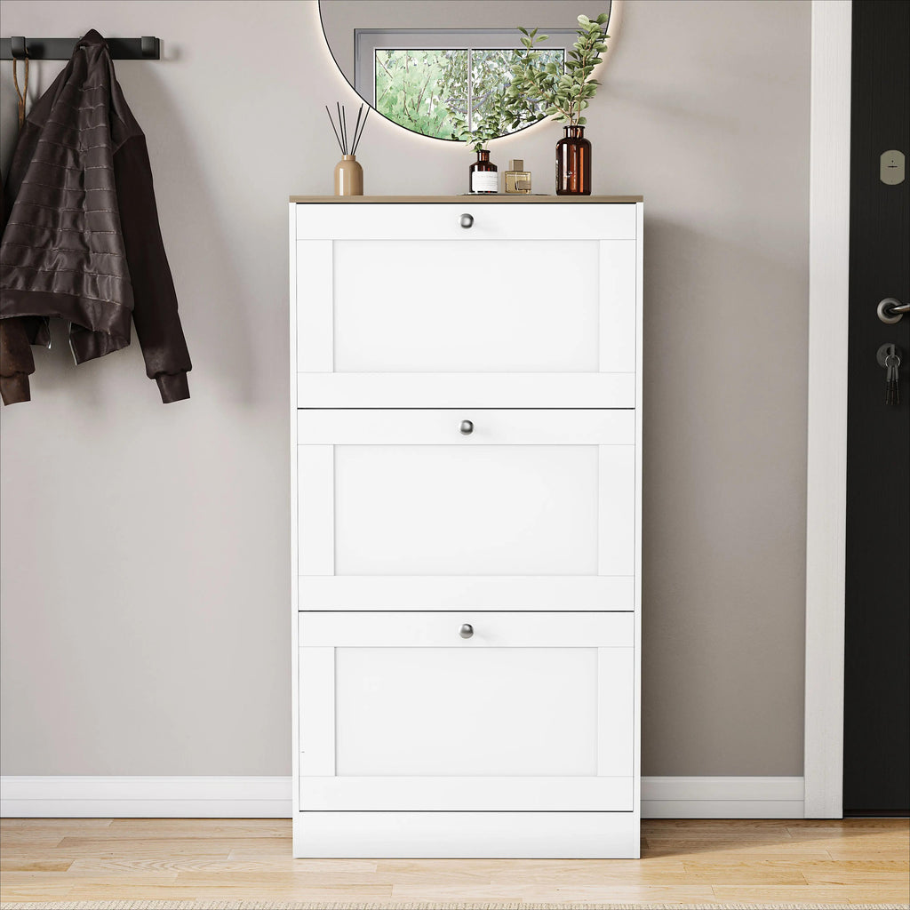 3 Drawer Pull-Down Shoe Cabinet, Slim Space-Saving Wooden Shoe Storage Organizer with Oak Top Surface, Hidden Footwear Storage Cabinet for Entryway Hallway Bedroom Home Furniture